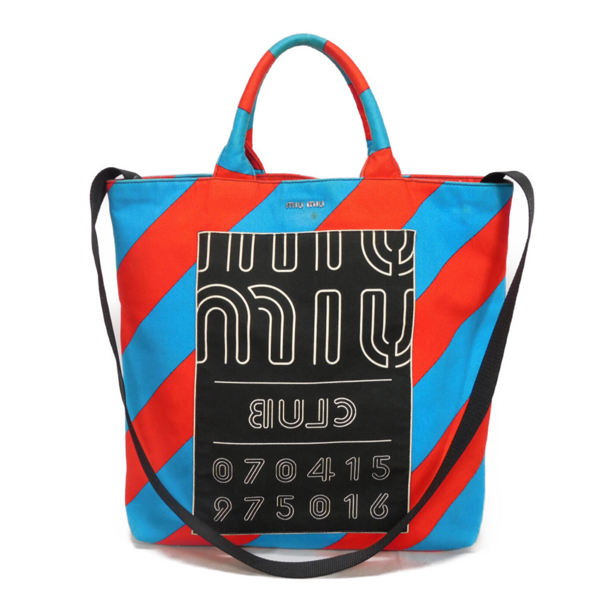 Miu Miu Miu Club Tote Bag, Bias Stripe, Red, Multicolor, 2-Way, Logo, Cotton,...